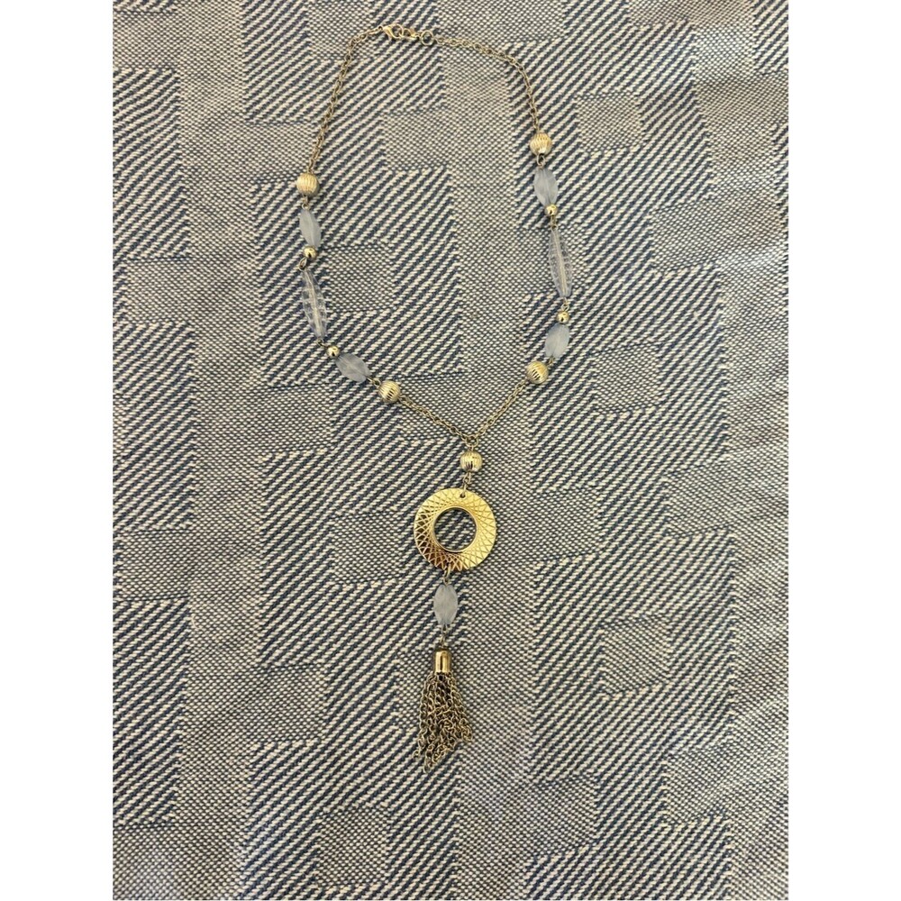 Gold-Tone Circle Pendant Tassel Necklace with Frosted Beads